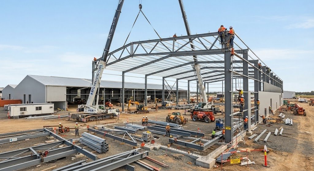 Karim Constructions - On-Site Heavy Crane & PEB Structure Erection